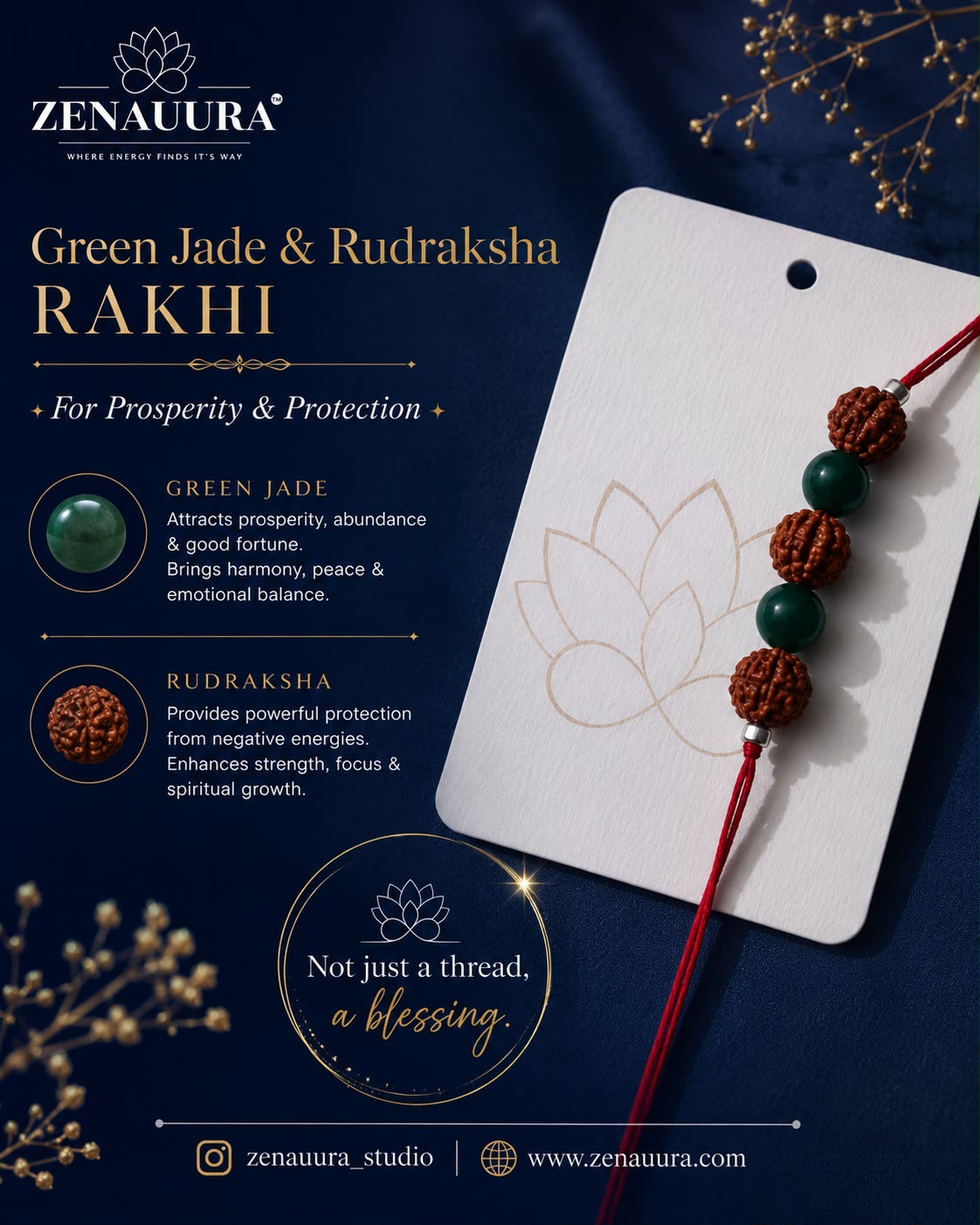 Green Jade & Rudraksha Rakhi