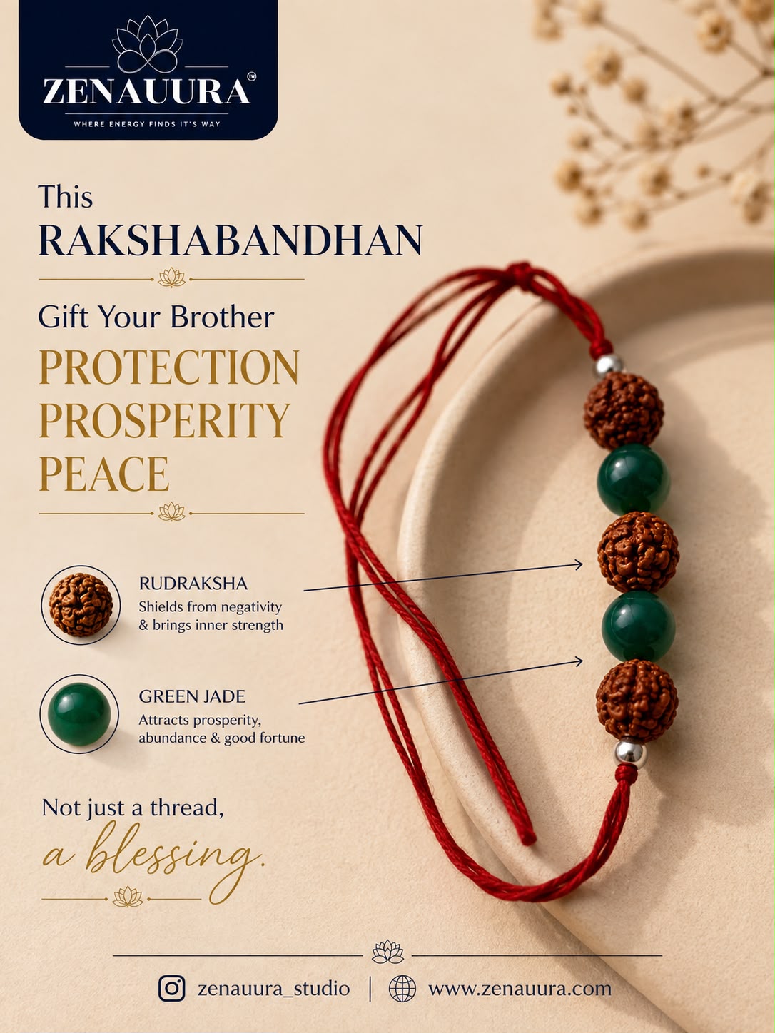 Green Jade & Rudraksha Rakhi