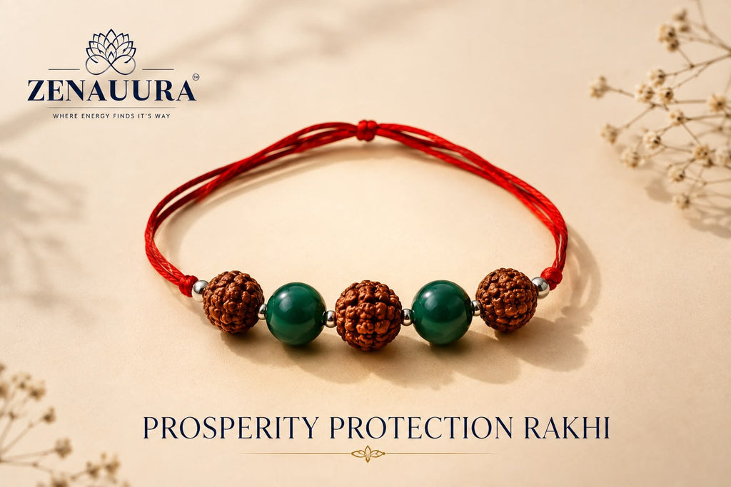 Green Jade & Rudraksha Rakhi
